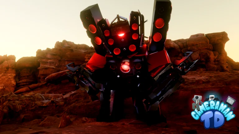 A red-and-black armored defender standing in an orange canyon in Cameraman Tower Defense promotional artwork.