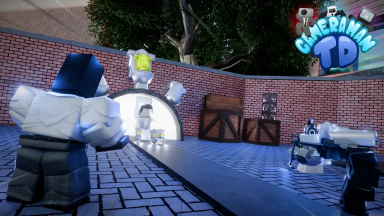 Camera-headed defenders facing enemies in a blue-lit brick courtyard in Cameraman Tower Defense.